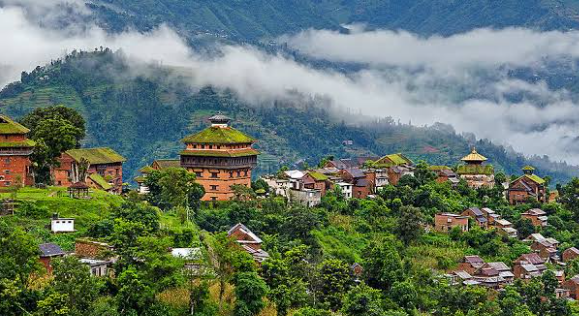 Traditional hill town and green mountains in Nuwakot